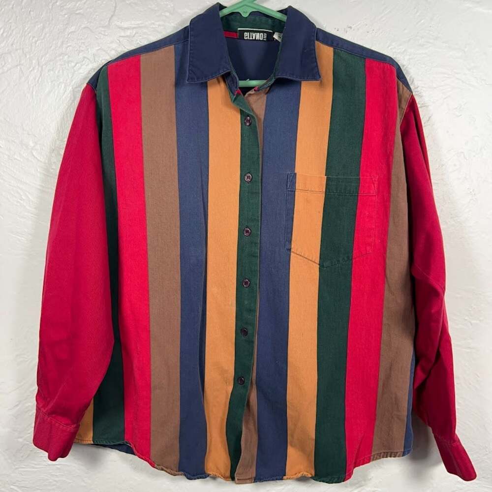 Vintage Gitano Colorblock Striped Button Down Shirt Unisex L Fits Mens M 90s